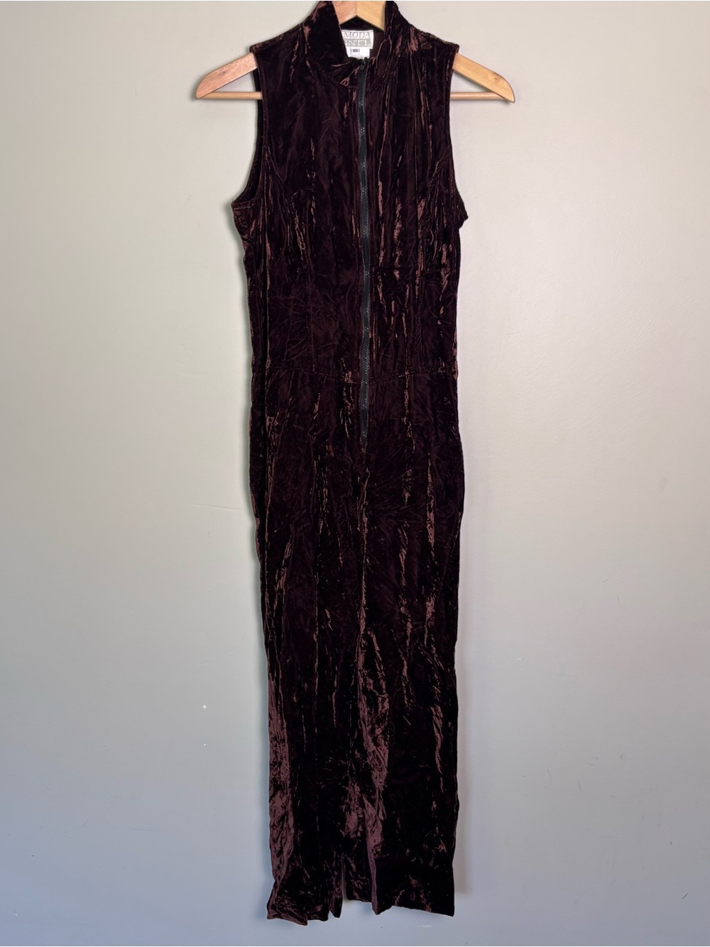 VTG MODA INT’L 90s Brown Velvet  Jumpsuit Sleeveless Women’s Sz 10 Made USA Y2K